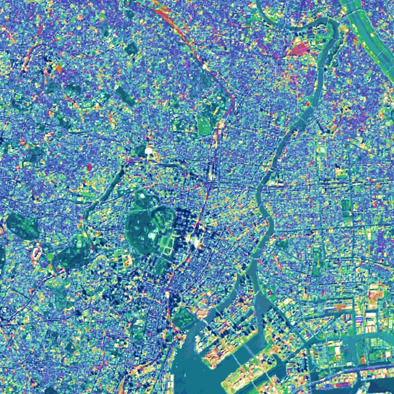 A high-contrast posterized render of central Tokyo
