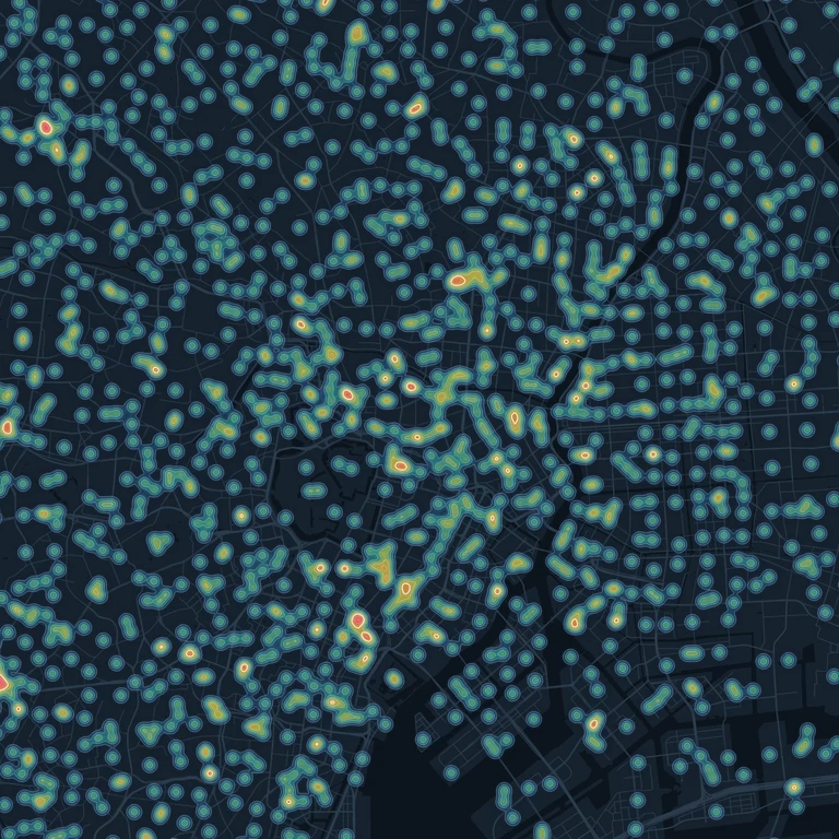 A heatmap of points of interest across central Tokyo with isolines