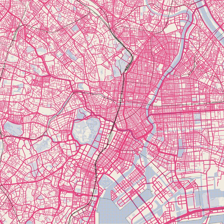 A two-colour risograph print of central Tokyo