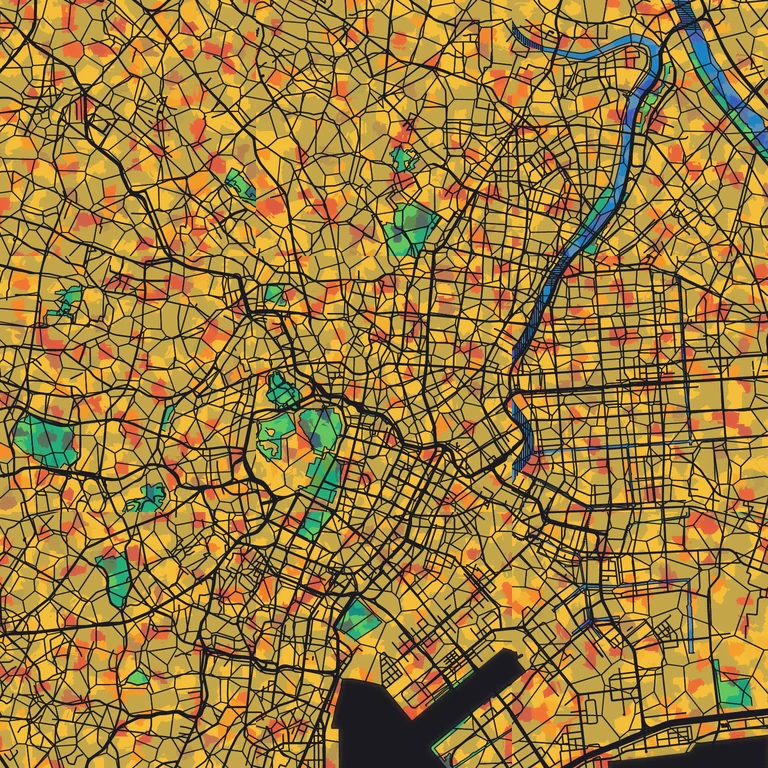 Central Tokyo rendered as a stained-glass window