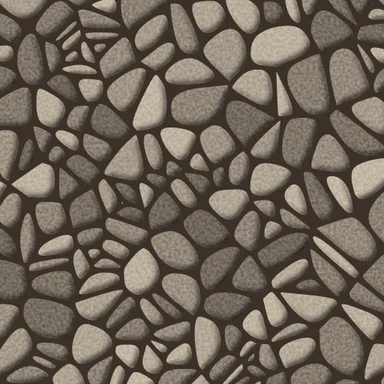 Grey cobblestones with speckled surfaces and shading, set in dark joints