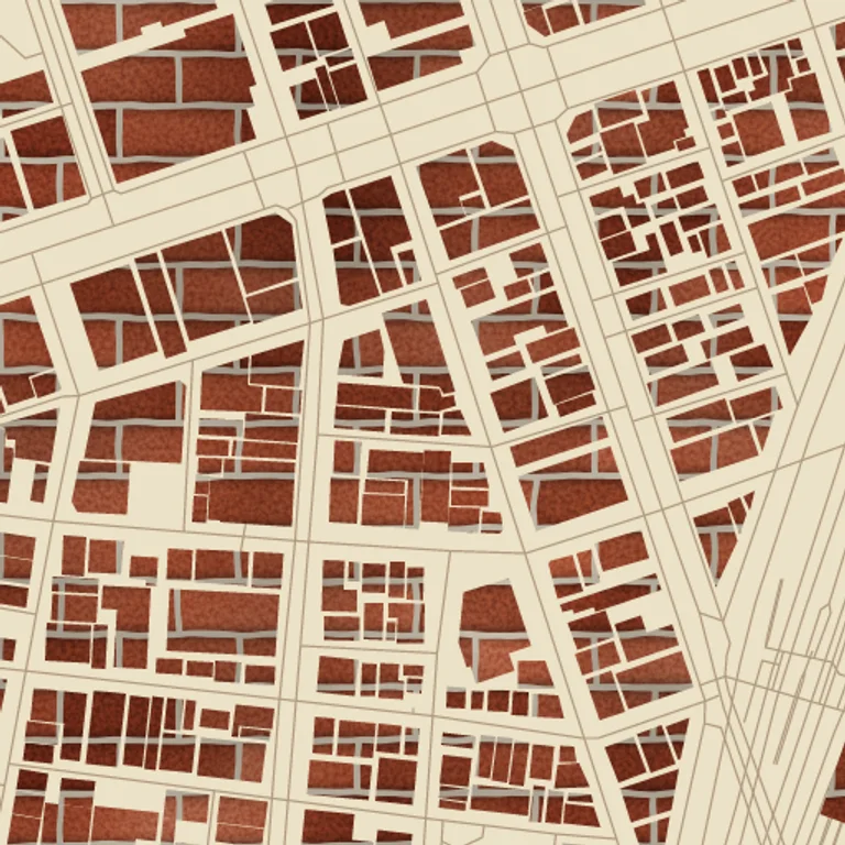 A city block map where every building footprint is filled with red brick, over cream streets