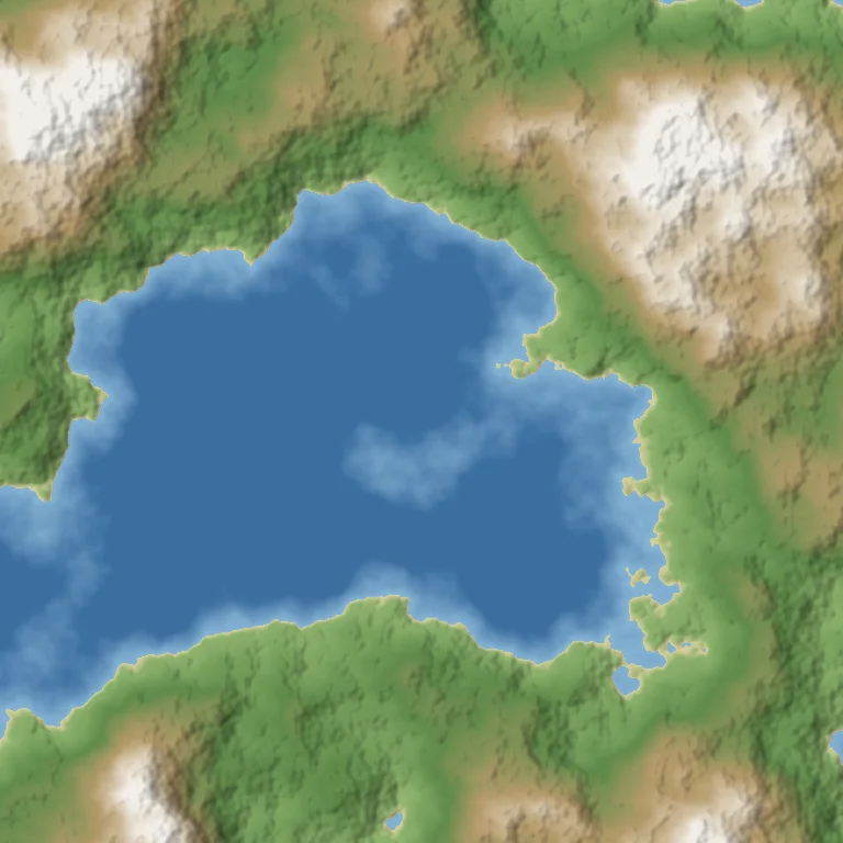 An imaginary landscape: a blue bay with shallows, green lowlands, brown hills and snowy peaks, with hill shading